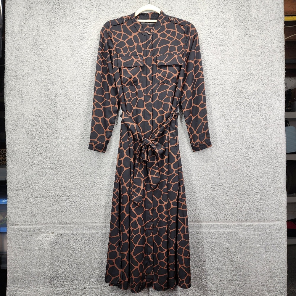 Banana Republic Womens Giraffe Print Long Sleeve Midi Shirt Dress Brown Black
